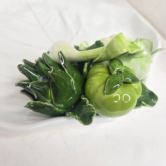 VTG White Leaf Plate Dish W/ 3D Vegetables Italy Cauliflower Artichoke - Picture 9 of 16